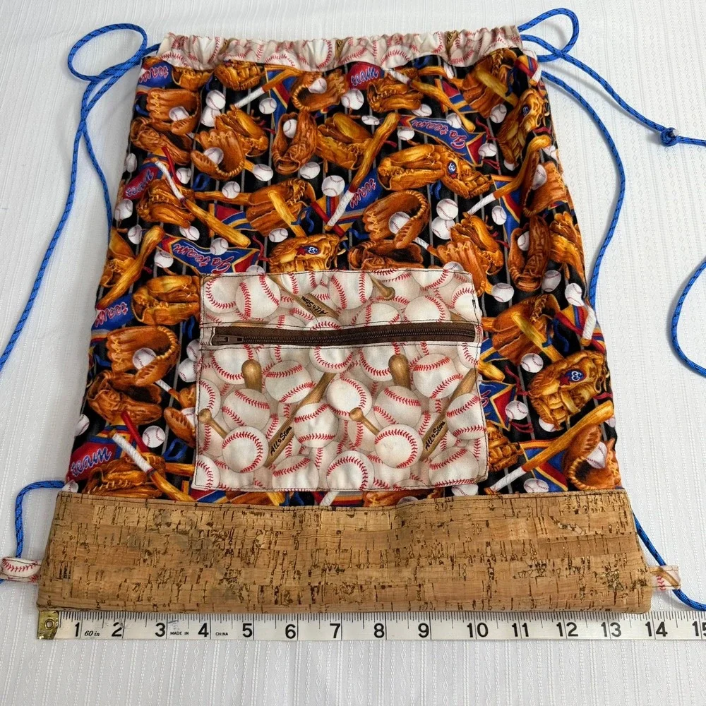 Handmade‎ Womens Baseball Mom Print Drawstring Backpack Cork Detail Sporty Game